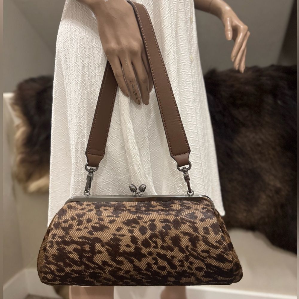 Genuine Hair On Calf-hide Handmade Tulip" Shaped Kisslock Baguette Bag